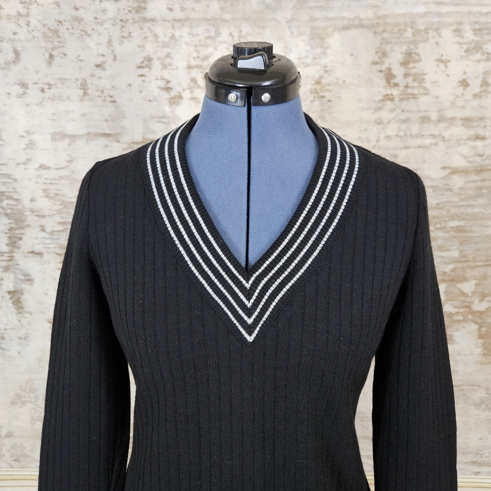 Vintage 1960s Black Pullover S Striped Top Academia Butte Knit Beatnik 1970s - Picture 2 of 7